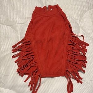 Sage Red Fringe Knit Top